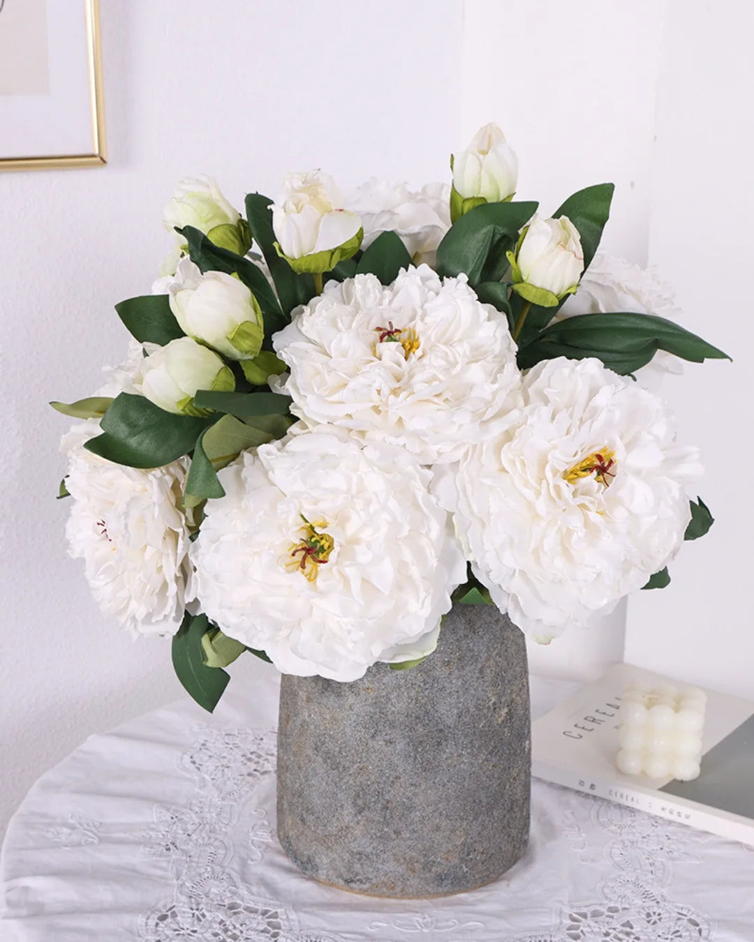 2-Head Peony Faux Flower in White - 19"