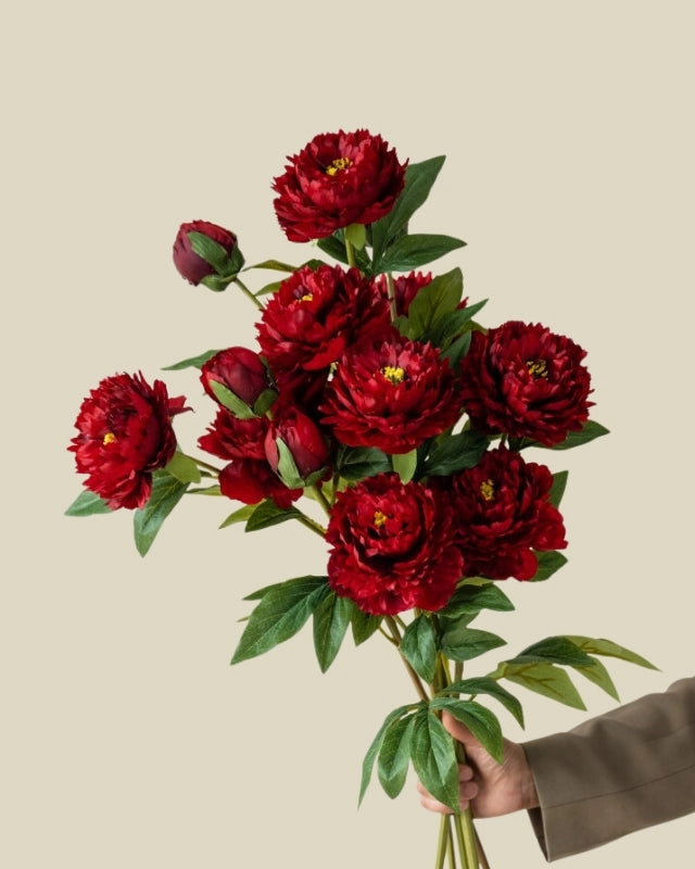 3-Head Peony Faux Flower in Red - 29.5"