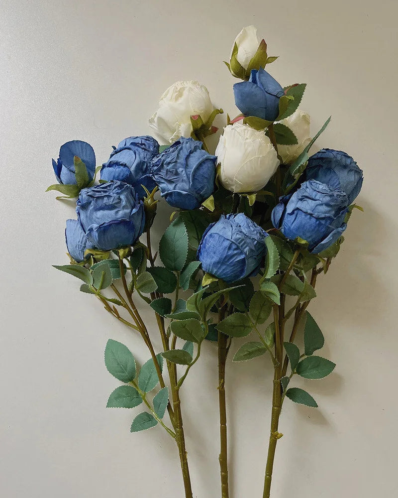 5-Head Vintage Rose Faux Flower in Blue - 19"