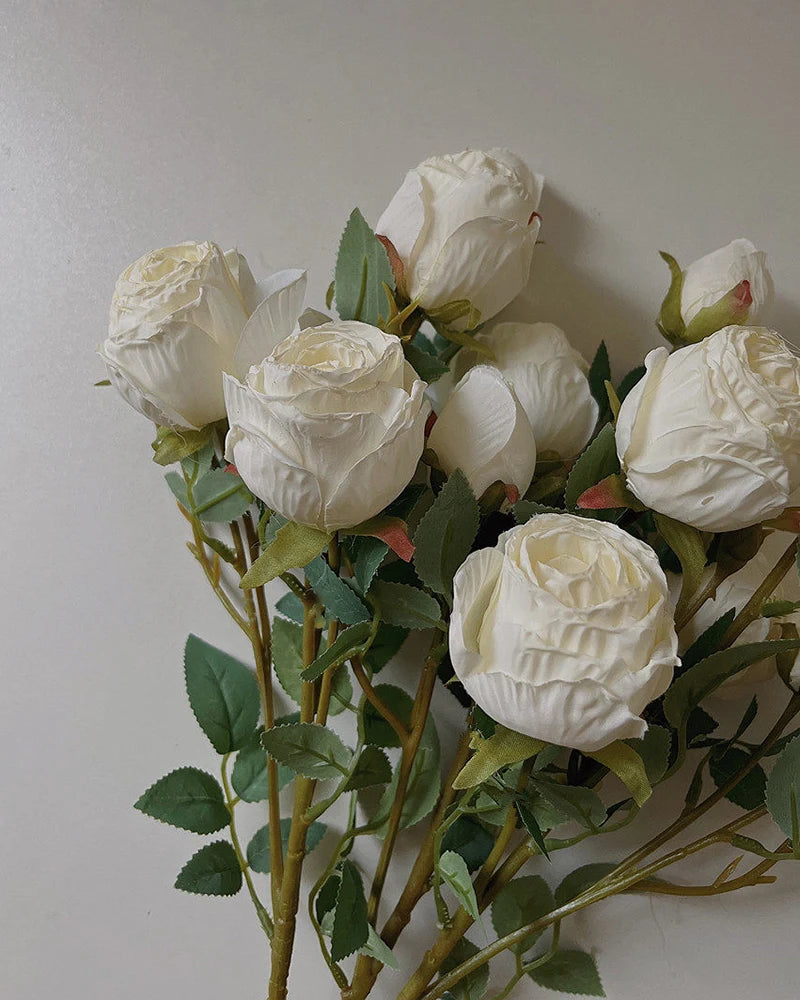 5-Head Vintage Rose Faux Flower in White - 19"