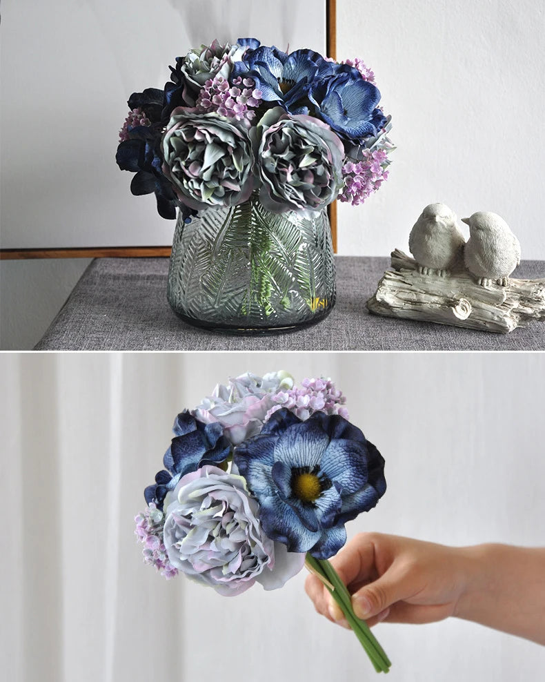 Peony Anemone Faux Flower Bouquet in Blue - 11"