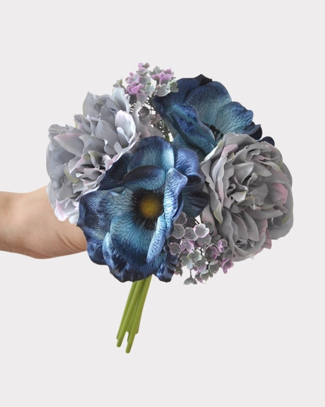 Peony Anemone Faux Flower Bouquet in Blue - 11"