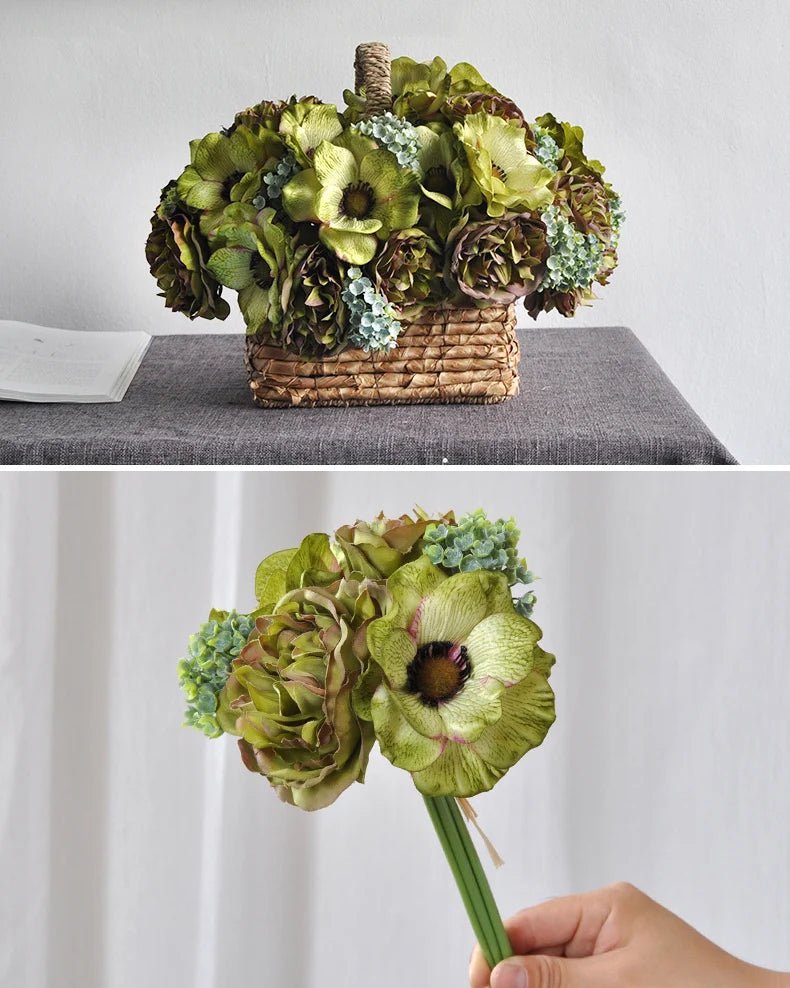 Peony Anemone Faux Flower Bouquet in Green - 11"