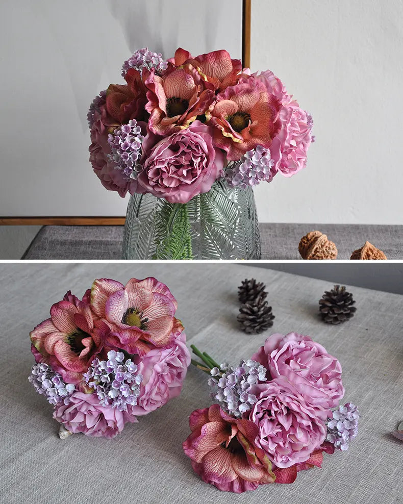 Peony Anemone Faux Flower Bouquet in Red - 11"