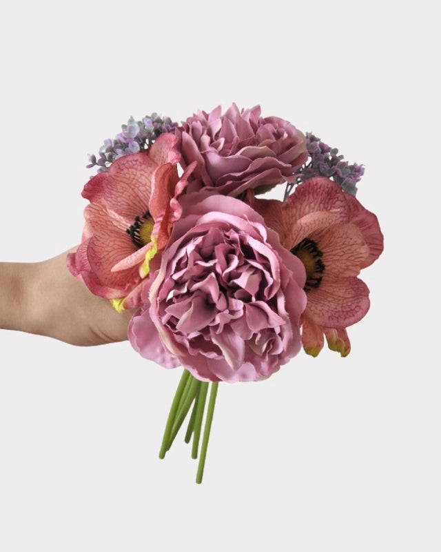 Peony Anemone Faux Flower Bouquet in Red - 11"