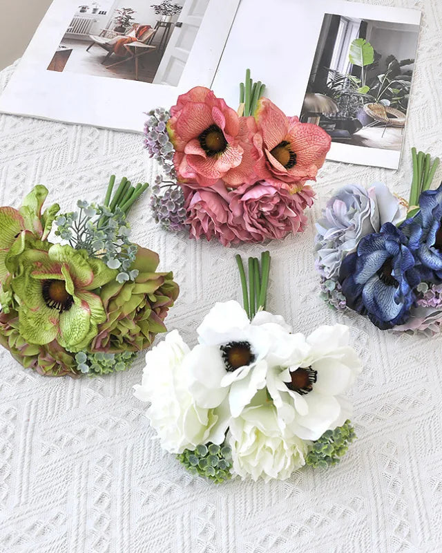 Peony Anemone Faux Flower Bouquet in White - 11"