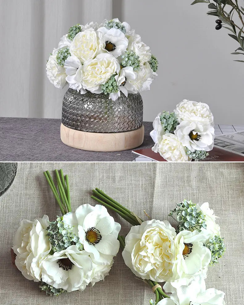Peony Anemone Faux Flower Bouquet in White - 11"