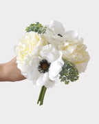 Peony Anemone Faux Flower Bouquet in White - 11"