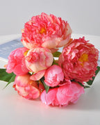 Peony Faux Flower Bouquet in Deep Pink - 11"