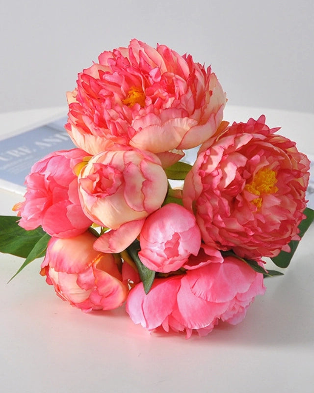 Peony Faux Flower Bouquet in Deep Pink - 11"