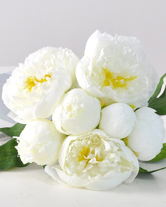 Peony Faux Flower Bouquet in White - 11"