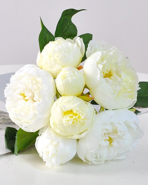 Peony Faux Flower Bouquet in White & Yellow - 11