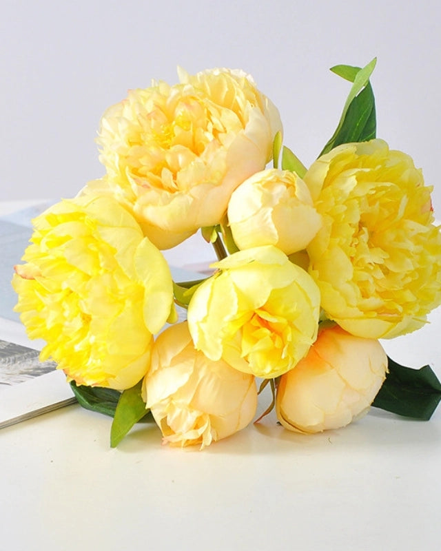 Peony Faux Flower Bouquet in Yellow - 11"