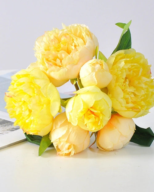 Peony Faux Flower Bouquet in Yellow - 11"